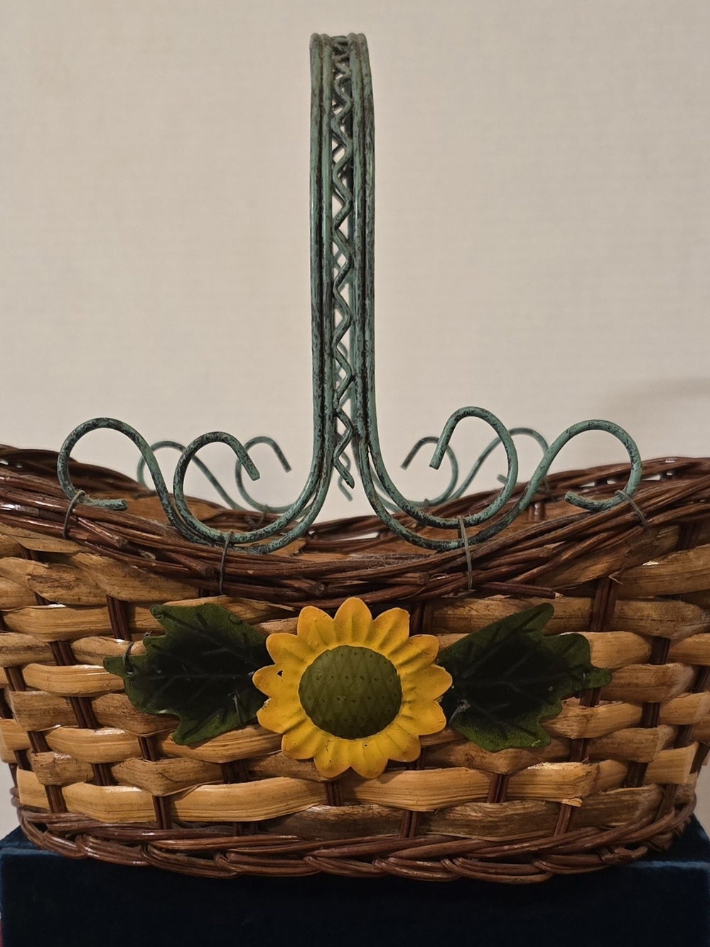 Vintage Farmhouse Wicker Basket with Green Metal Handle & Sunflower Accents